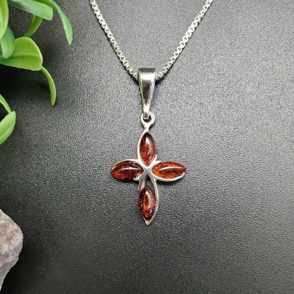 Baltic Cognac Amber Cross Necklace in 925 Sterling Silver
